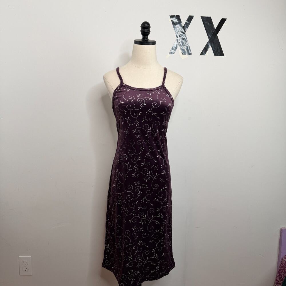 Vintage 90s Purple Silver Glitter Floral Scroll Empire Waist Velvet Slip Dress S